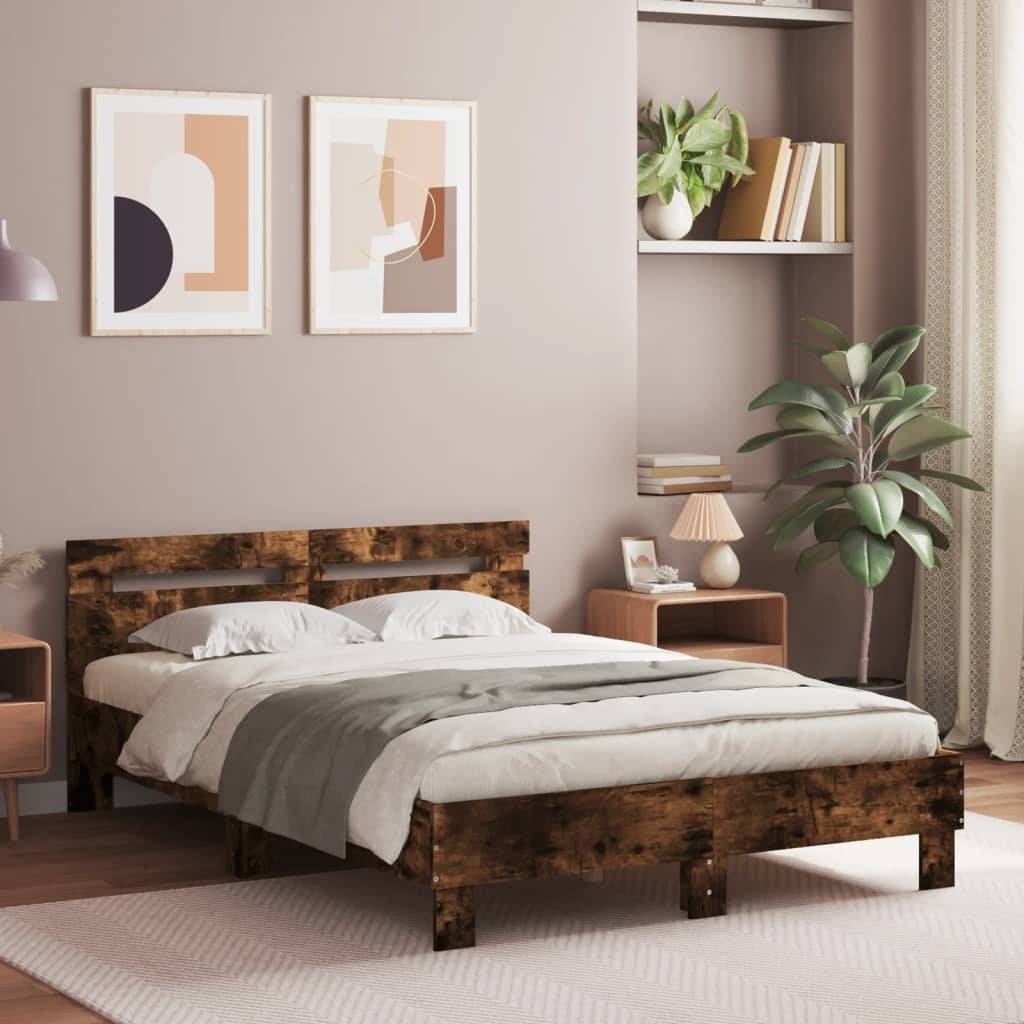 vidaXL Bettgestell mit Kopfteil LED-Beleuchtung Räuchereiche 135x190cm