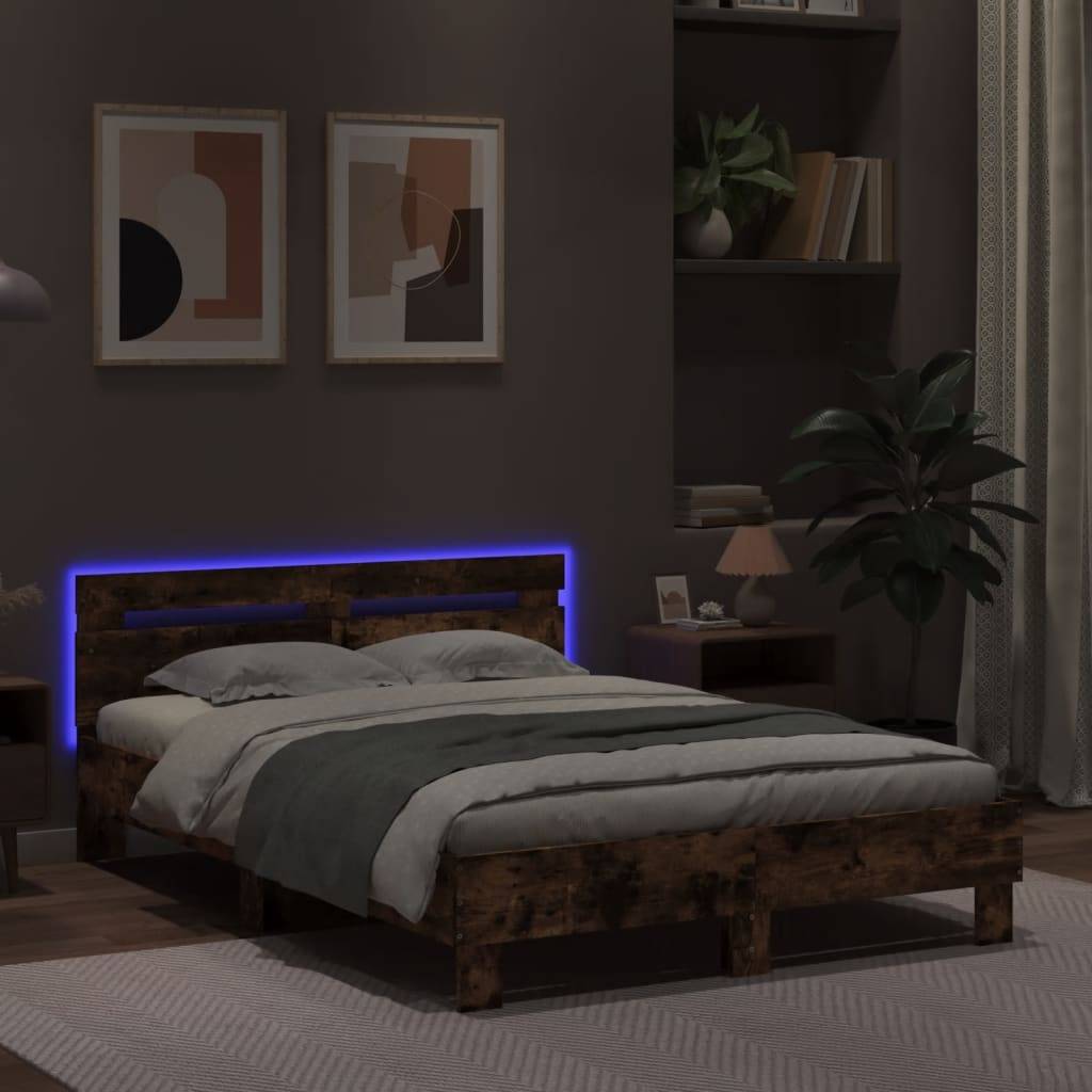 vidaXL Bettgestell mit Kopfteil LED-Beleuchtung Räuchereiche 135x190cm