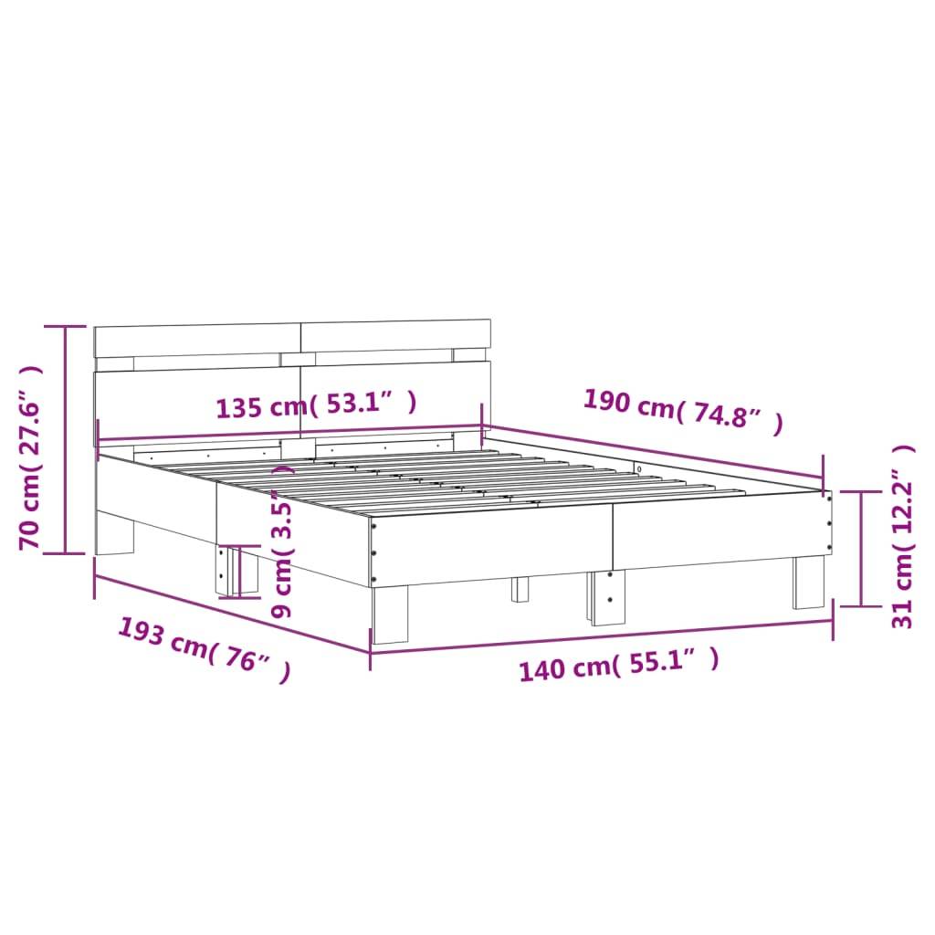 vidaXL Bettgestell mit Kopfteil LED-Beleuchtung Räuchereiche 135x190cm