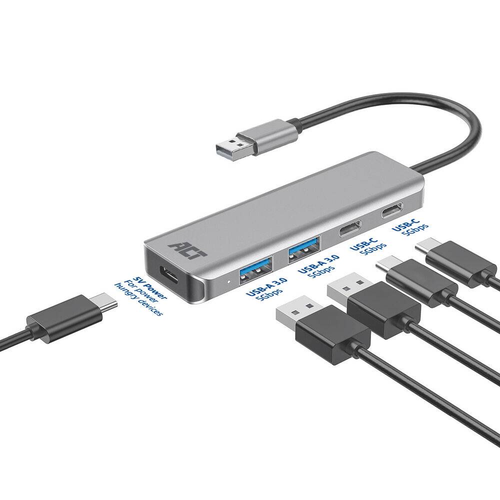 ACT AC6125 USB-A Hub 3.0 | 2x USB-A | 2x USB-C | Silber | Aluminium