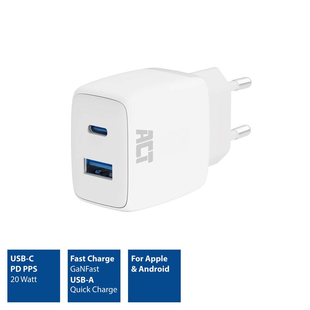 ACT AC2122 USB-C & USB-A Ladegerät 20W | Power Delivery PPS | Quick Charge | GaNFast | Weiß