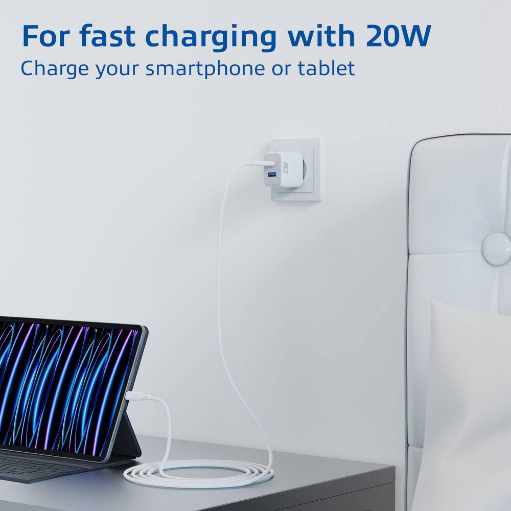 ACT AC2122 USB-C & USB-A Ladegerät 20W | Power Delivery PPS | Quick Charge | GaNFast | Weiß
