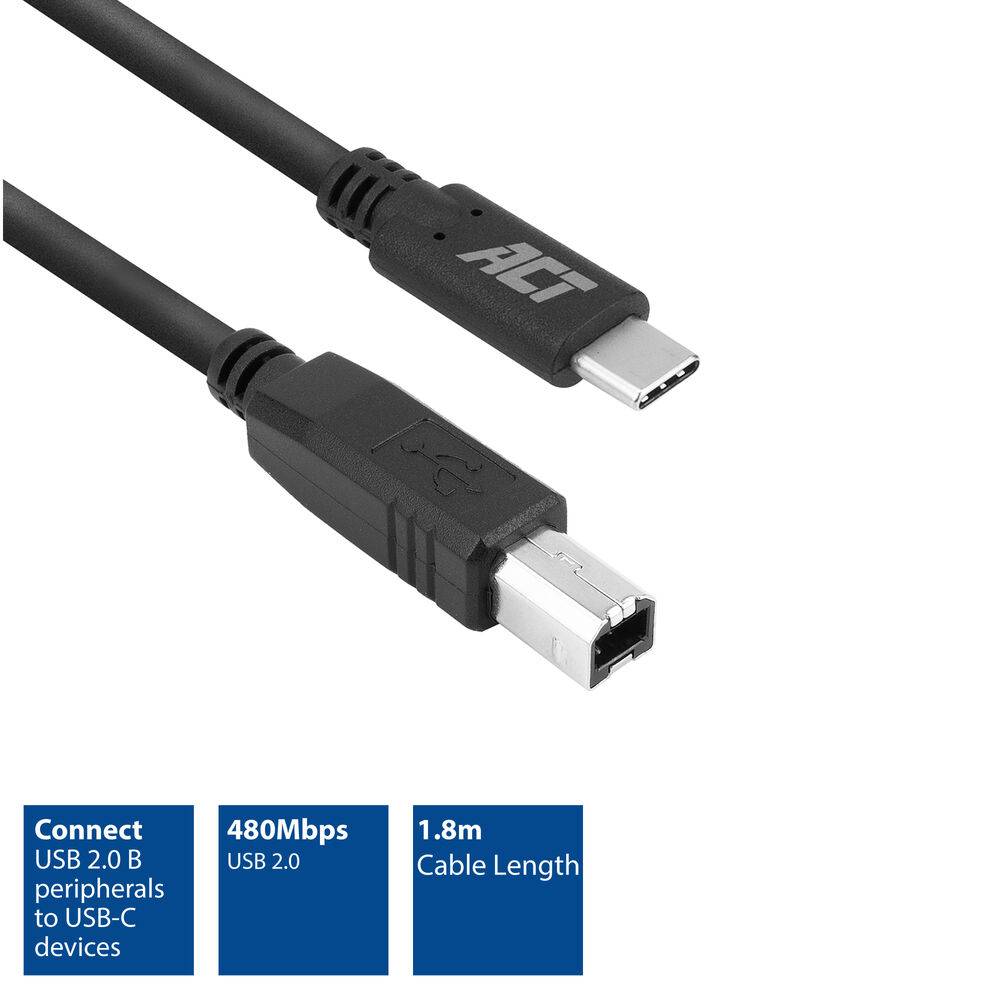 ACT SB0013 USB-C 2.0 (Drucker) Kabel | USB-C auf USB-B | Schwarz | 1,8 Meter