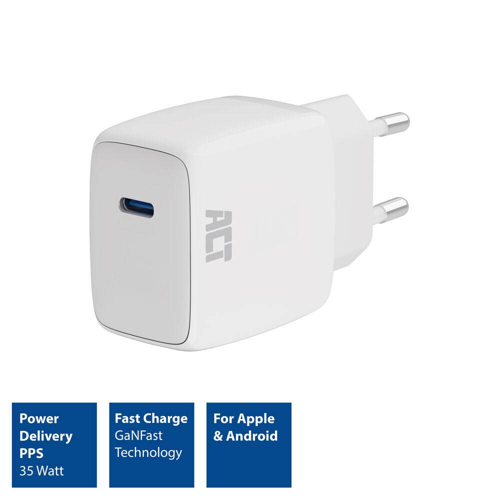 ACT AC2135 USB-C Ladegerät 35W | Power Delivery PPS | GaNFast | Apple & Android | Weiß