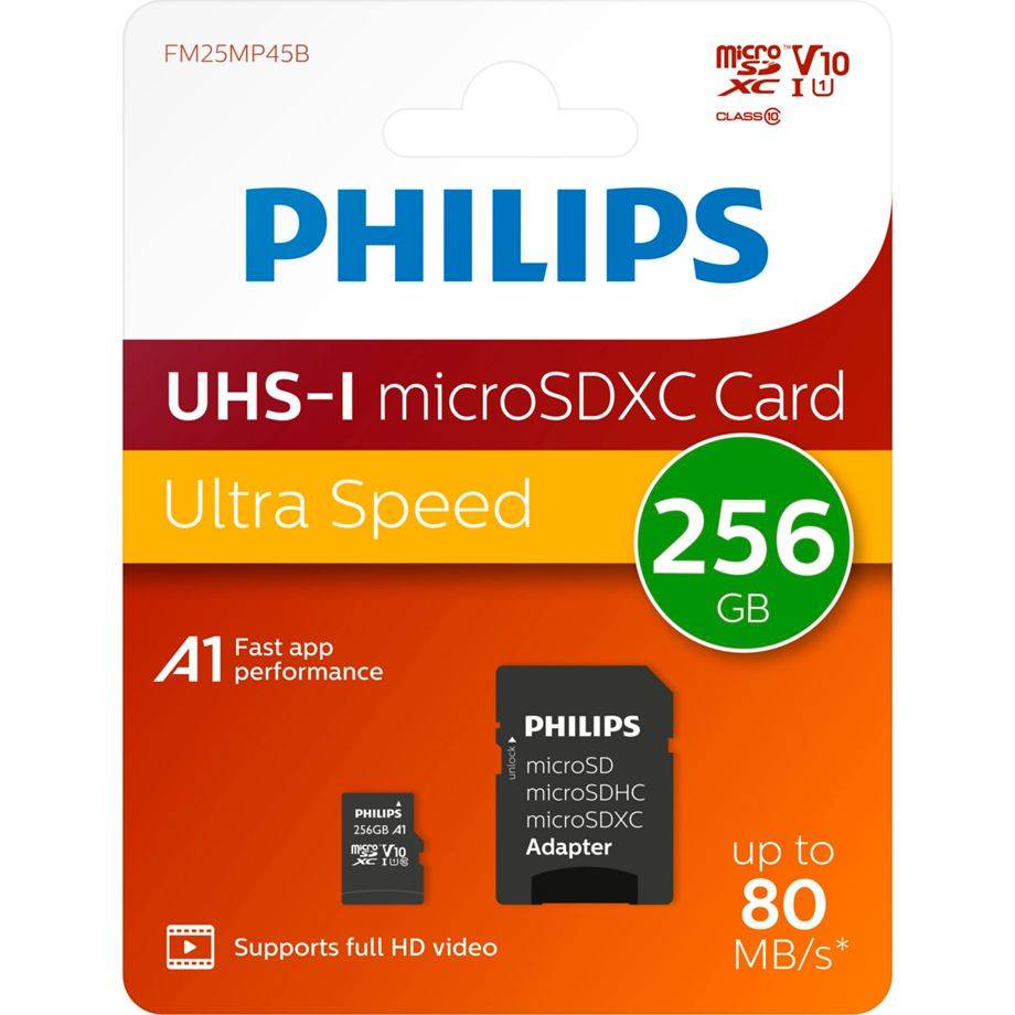 Philips MicroSDXC Card 256 GB Class 10 UHS-I U1 incl. Adapter Extended Capacity SD MicroSDHC