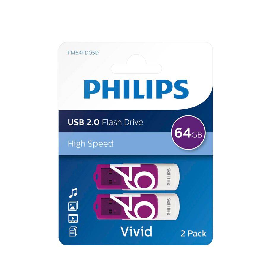 Philips USB 2.0 64GB Vivid Edition Purple 2-pack (FM64FD05D/00)
