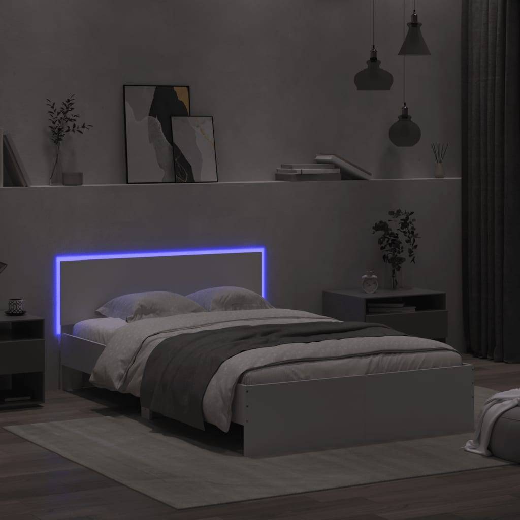 vidaXL Bettgestell mit Kopfteil LED-Beleuchtung Weiß 135x190 cm