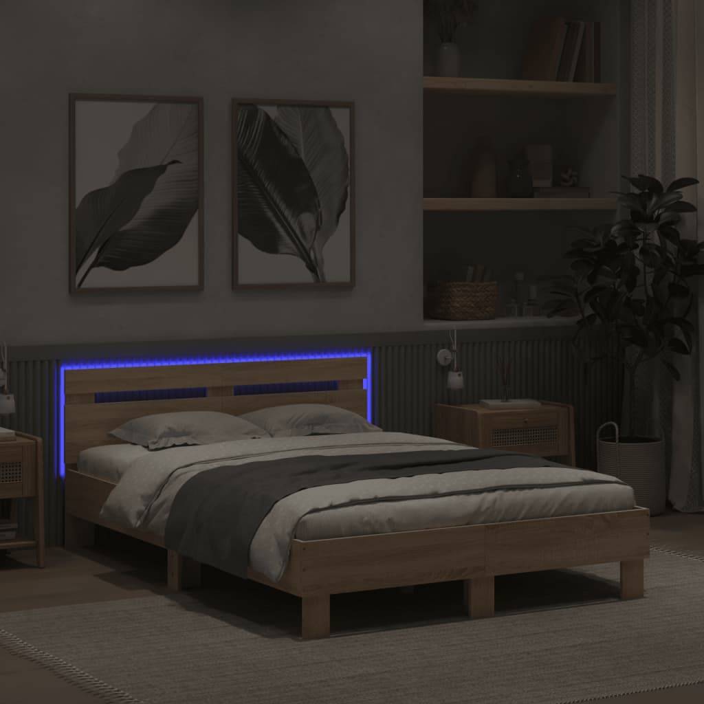 vidaXL Bettgestell mit Kopfteil LED-Beleuchtung Sonoma-Eiche 120x190cm