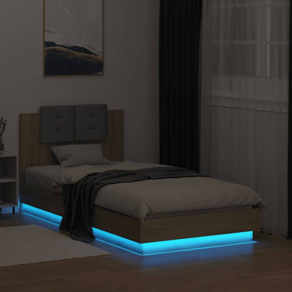 vidaXL Bettgestell mit Kopfteil und LED-Leuchten Sonoma-Eiche 75x190cm