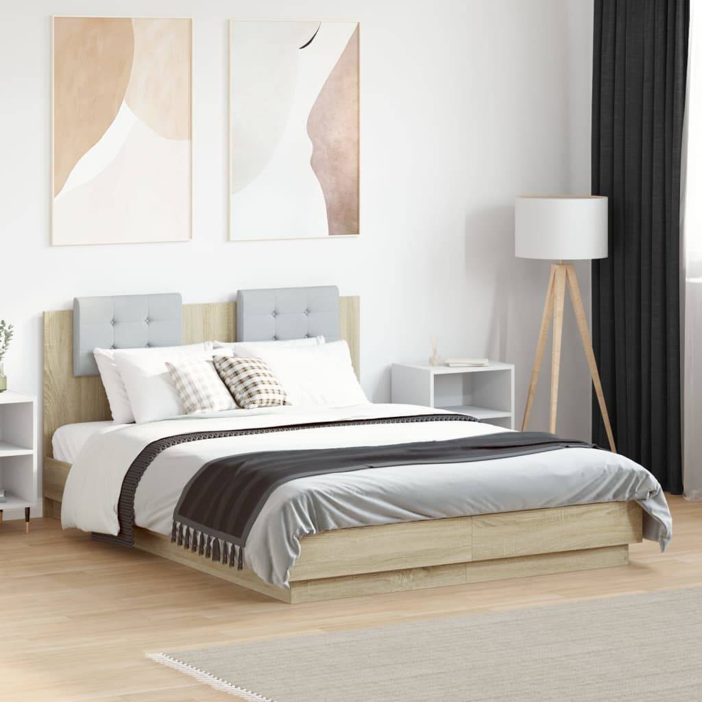 vidaXL Bettgestell mit Kopfteil & LED-Leuchten Sonoma-Eiche 135x190cm