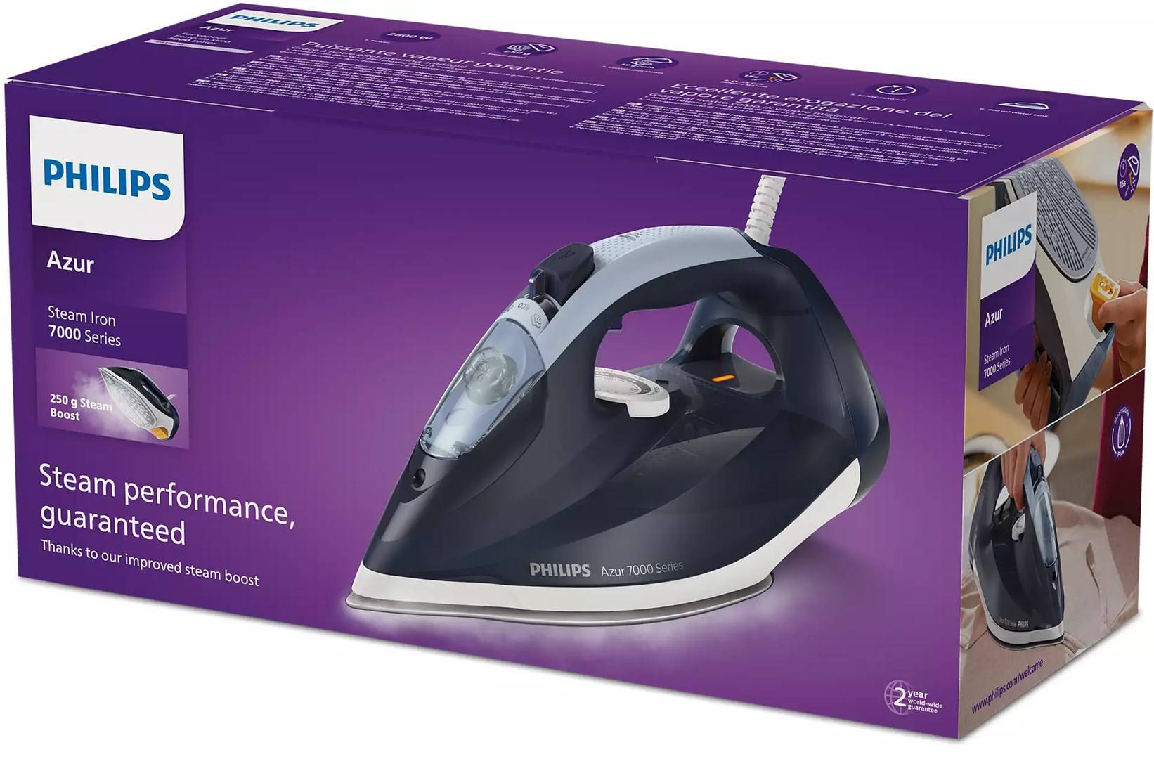 Philips 7000 series Trocken- & Dampfbügeleisen SteamGlide Plus-Sohle 2 m 250 g/min Blau 50 Bügeleisen/-Station