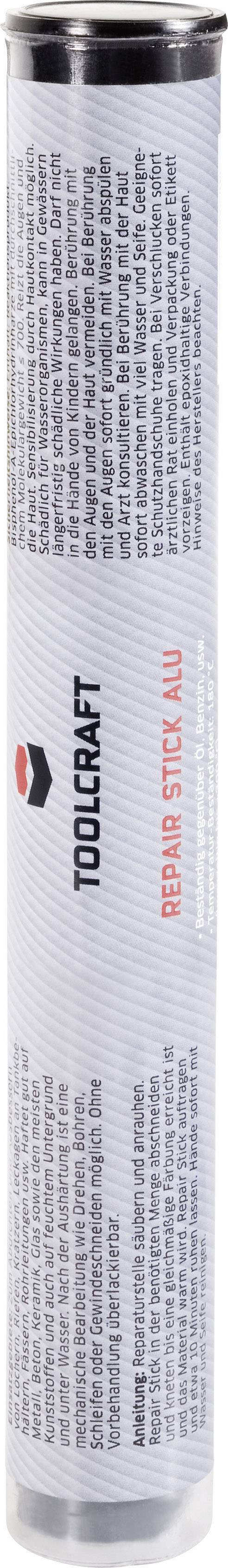 Eine Tube mit der Aufschrift 'TOOLCRAFT Repair Stick Alu', enthält Informationen zur Anwendung und Hinweise in kleiner Schrift.