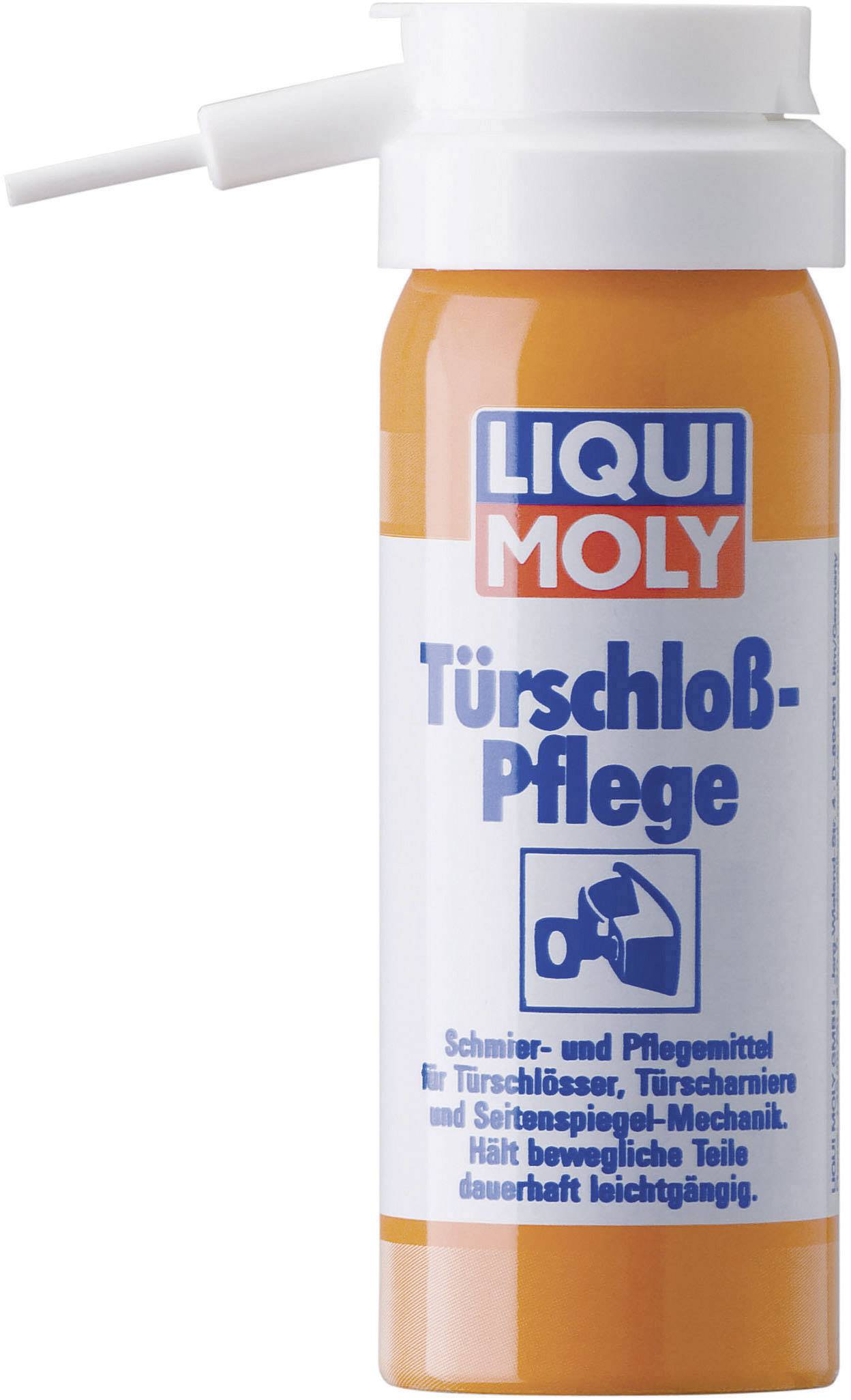 Eine Dose 'Liqui Moly Türschloß Pflege', ein Schmiermittel für Türschlösser, mit einem weißen Sprühröhrchen.