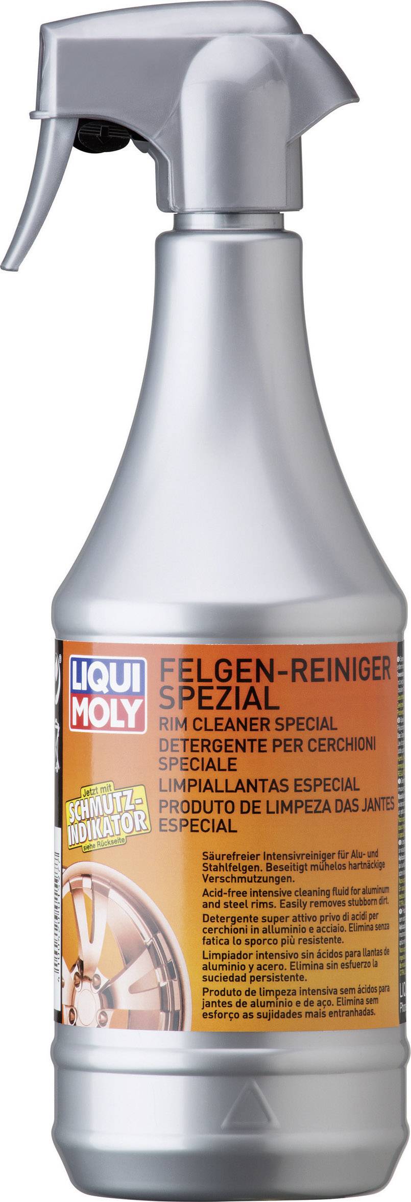Silberne Sprühflasche mit orangefarbenem Etikett, auf dem 'Felgen-Reiniger Spezial' von Liqui Moly steht. Enthält Reinigungsmittel für Autoreifen.