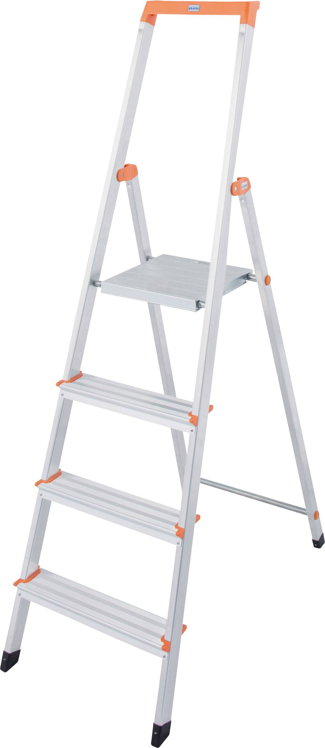 Eine silberne Trittleiter mit fünf Stufen und orangen Akzenten, steht aufrecht und ist bereit zur Verwendung in Innenräumen.