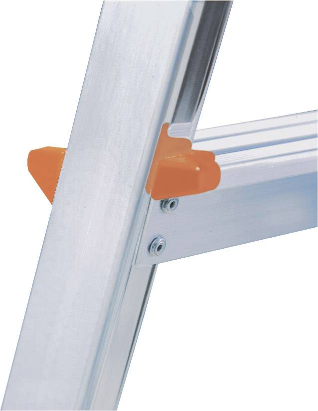 Ausschnitt einer Aluminiumleiter mit orangen Sicherungsclips an einer Strebe.