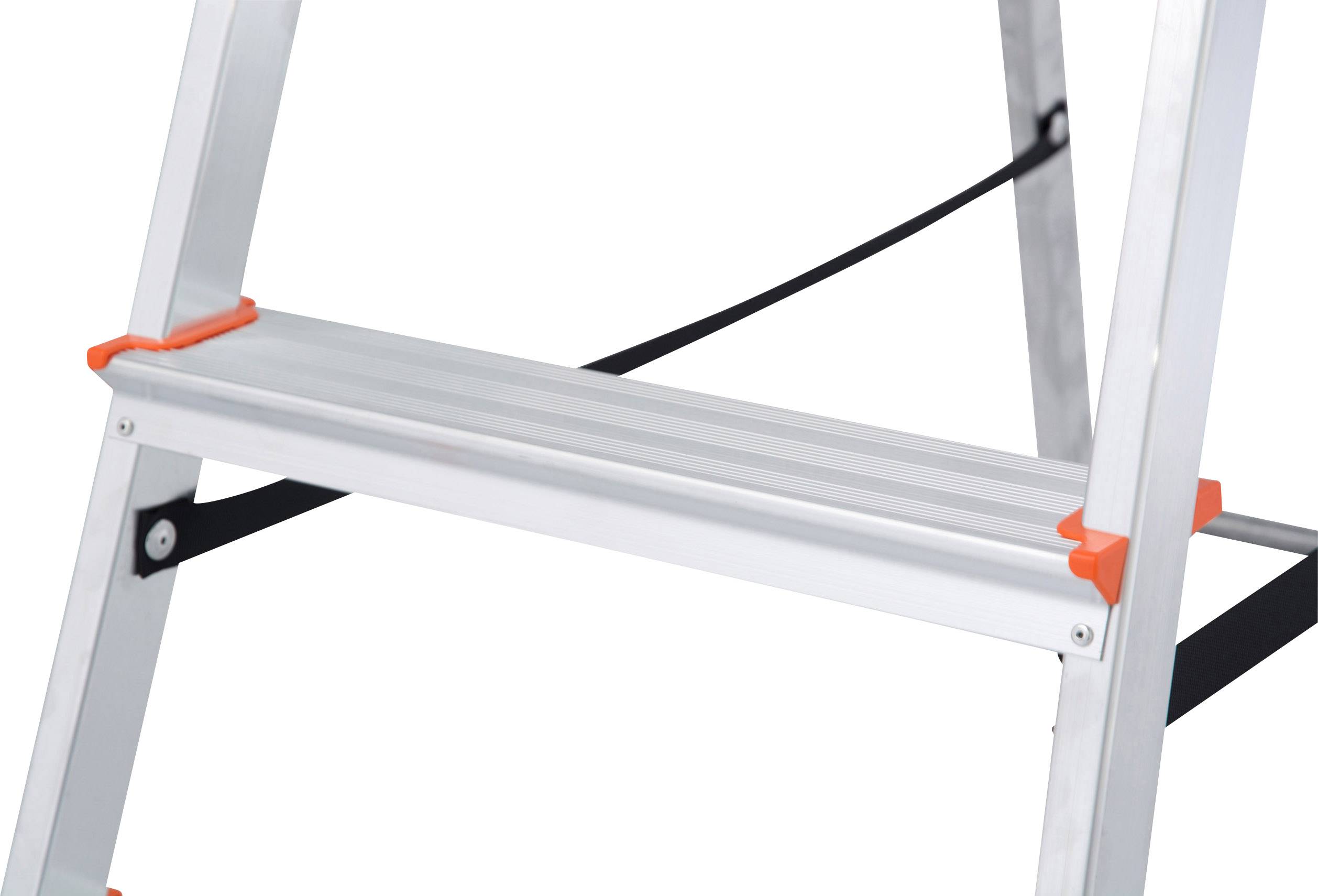 Aluminiumleiter mit rutschfesten Stufen und orangen Sicherheitsdetails, seitlich schwarz verstärkt. Ideal für Haus- oder Handwerksarbeiten.