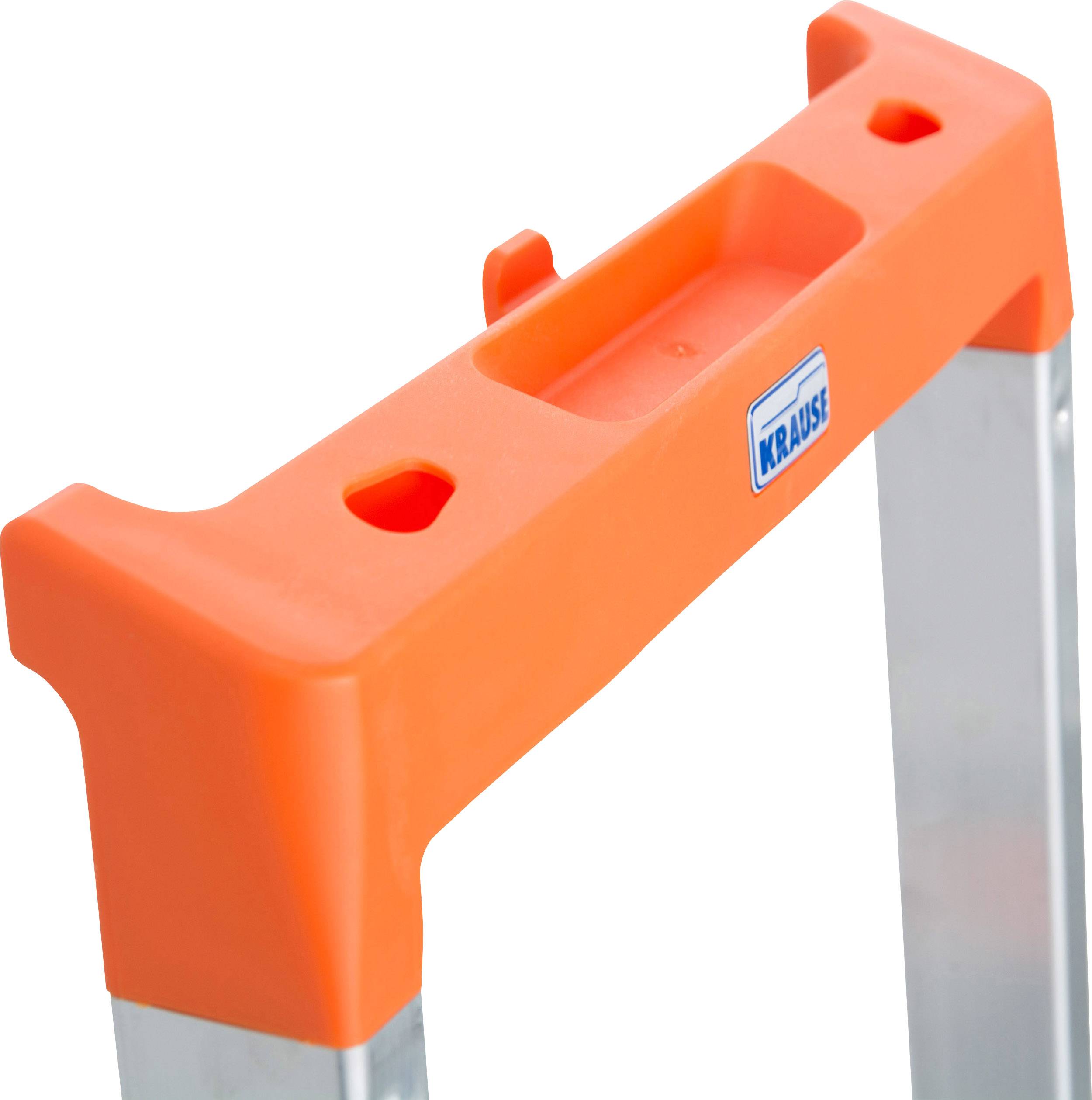 Ein orangefarbener Griffteil einer Leiter mit einem blauen Logo. Der Griff hat Aussparungen und eine Halterung in der Mitte.
