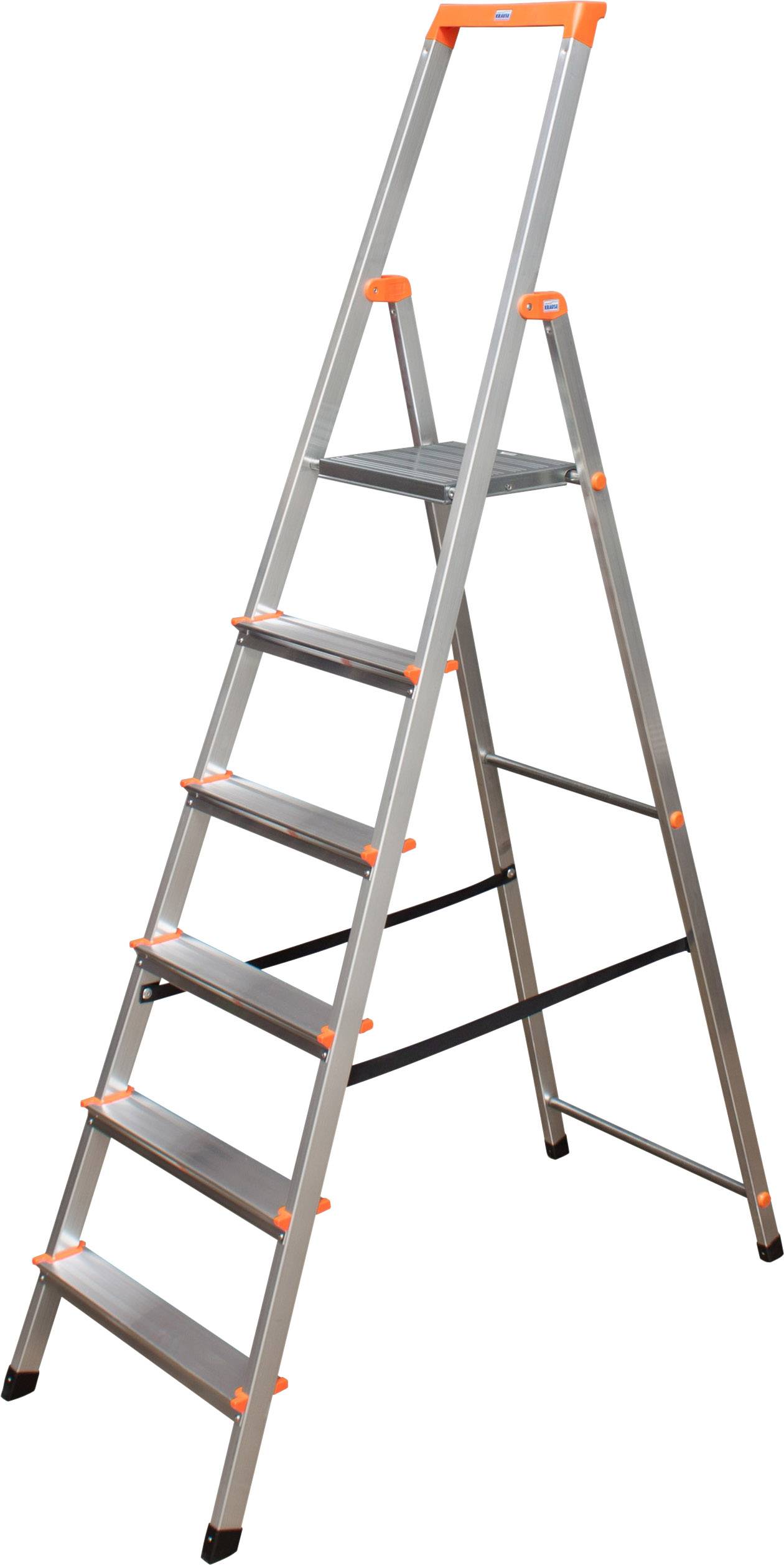 Leiter aus Metall mit sieben Stufen und orangefarbenen Details, steht allein aufrecht.