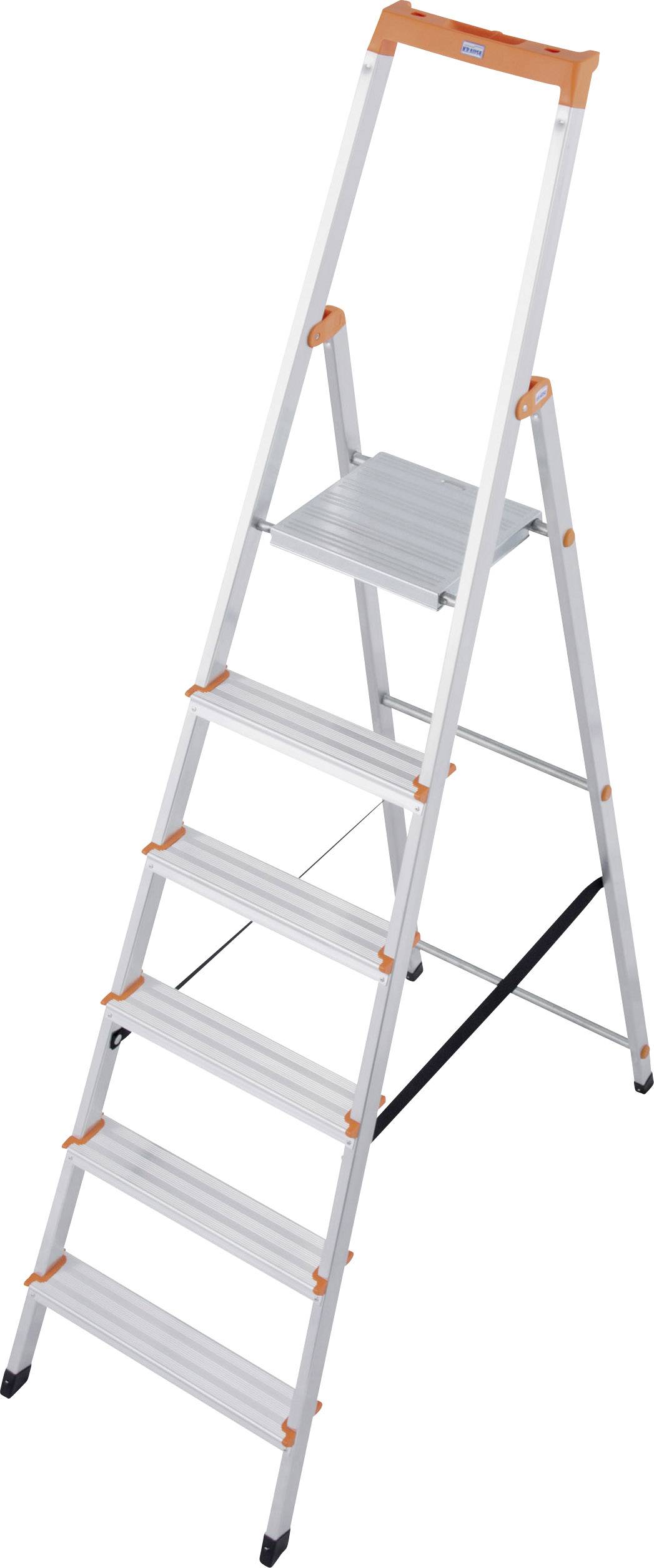 Silberne Aluminiumleiter mit sechs Stufen und orangefarbenen Details, ideal für den Haushaltsgebrauch.
