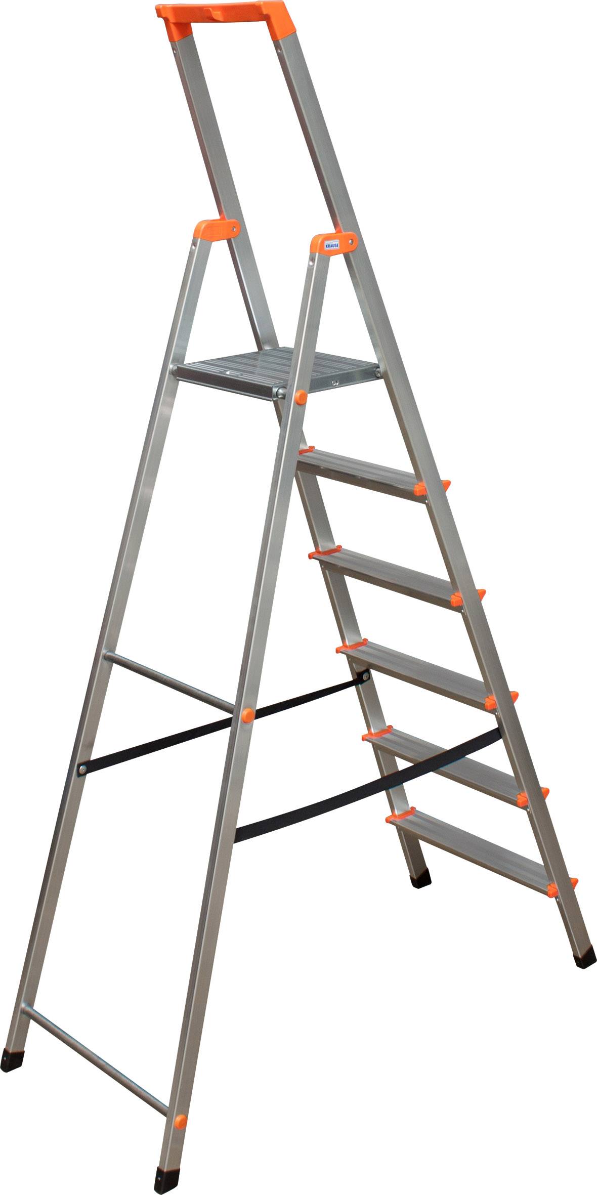 Eine silberne Stehleiter mit sechs Stufen und orangefarbenen Akzenten, geeignet für den Gebrauch im Haushalt oder bei kleinen Arbeiten.