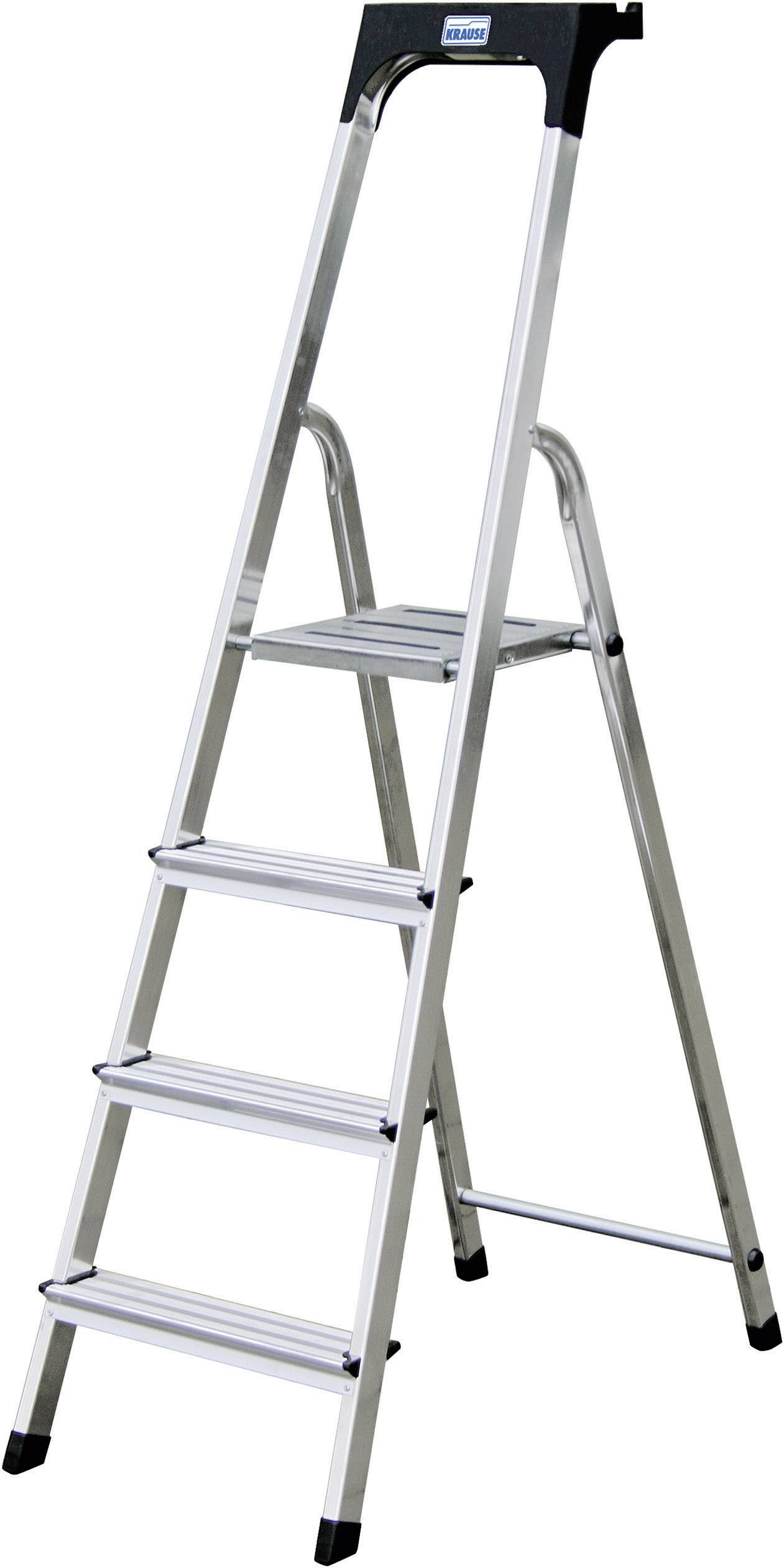 Aluminiumleiter, fünf Stufen, schwarz-grauer Haltegriff oben. Steht aufrecht auf glattem Untergrund.