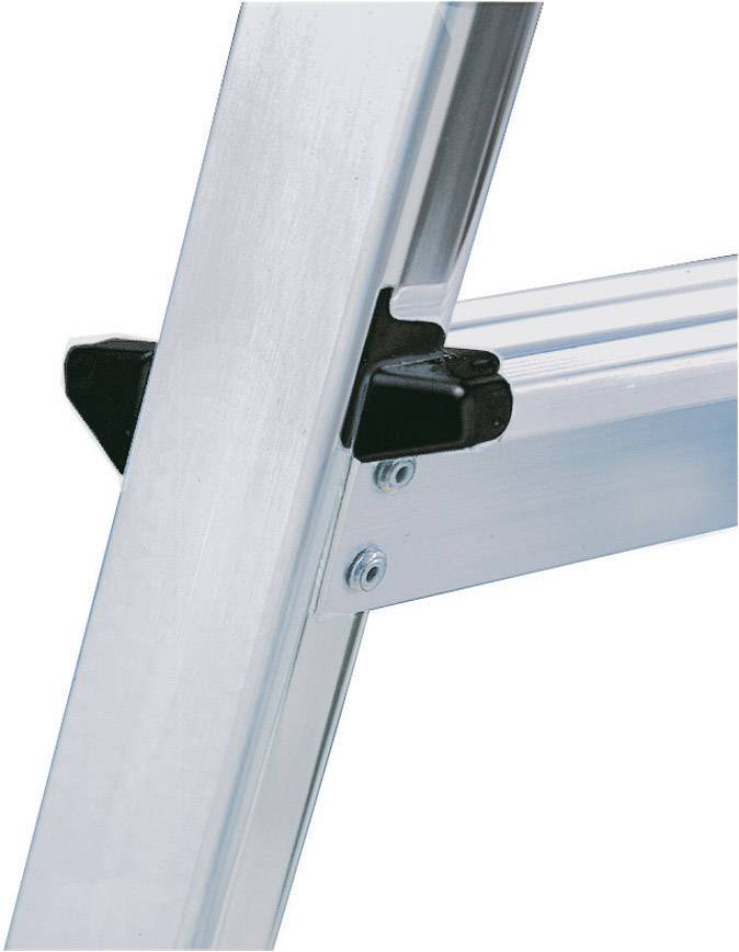 Eine Aluminiumleiter mit einem schwarzen Sicherheitsverschluss, der die Verbindung zwischen zwei Leiterteilen sichert.