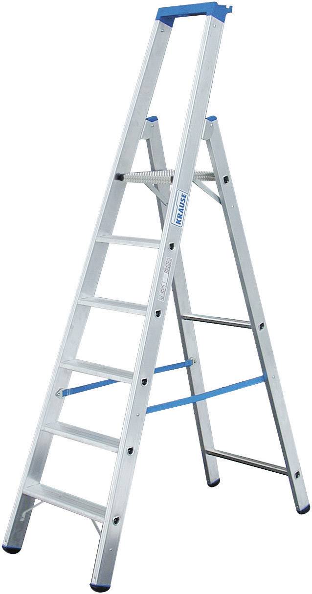 Eine silberne Aluminiumleiter mit sechs Stufen, blauen Sicherheitsleisten und einem Griff oben. Geeignet für Haushaltsarbeiten.