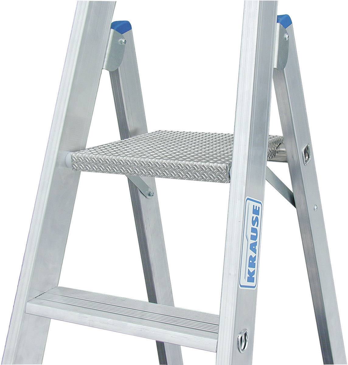 Leiter aus Aluminium mit 'Krause'-Logo seitlich, stabile Plattform auf mittlerer Stufe, geeignet für Arbeiten in der Höhe.