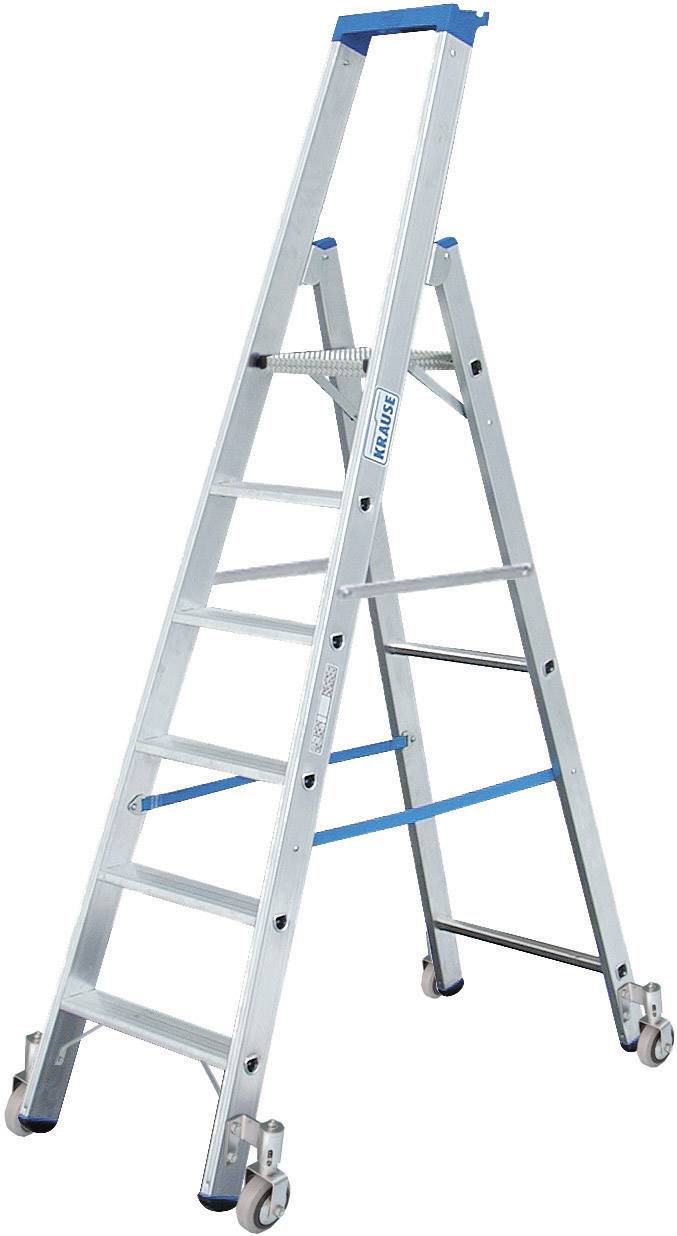 Eine silberne Aluleiter mit blauen Akzenten und Rollen an allen vier Beinen, geeignet für den Einsatz in Innen- oder Außenbereichen.