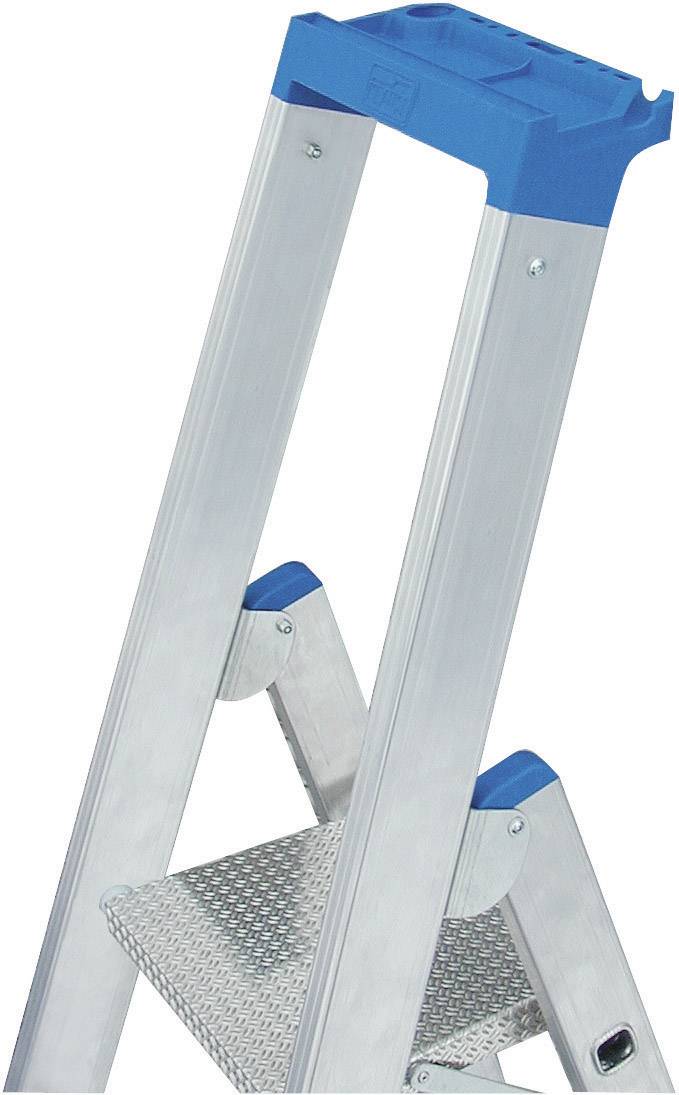 Silberne Aluminiumleiter mit blauen Kunststoffkappen und geriffelter Stufe, ideal für einfache Heimarbeiten und sicheren Stand.