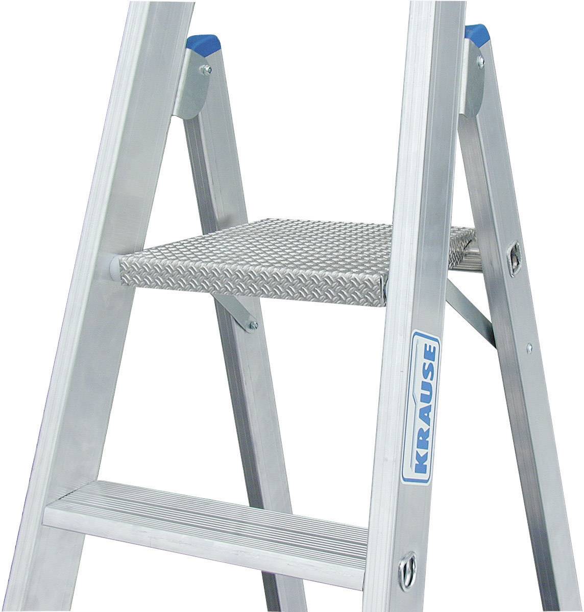 Aluminium-Stehleiter mit stabiler Stufe und blauem Akzent, geeignet für sicheres Arbeiten in der Höhe. Markierung 'Krause' an der Seite.