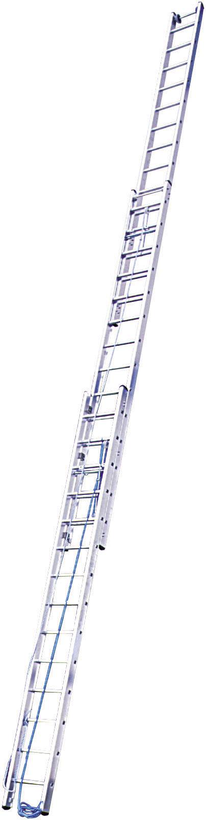 Eine lange, silberne Aluminium-Anstellleiter, ausgezogen bis zur maximalen Höhe. Geeignet für Arbeiten in großen Höhen.