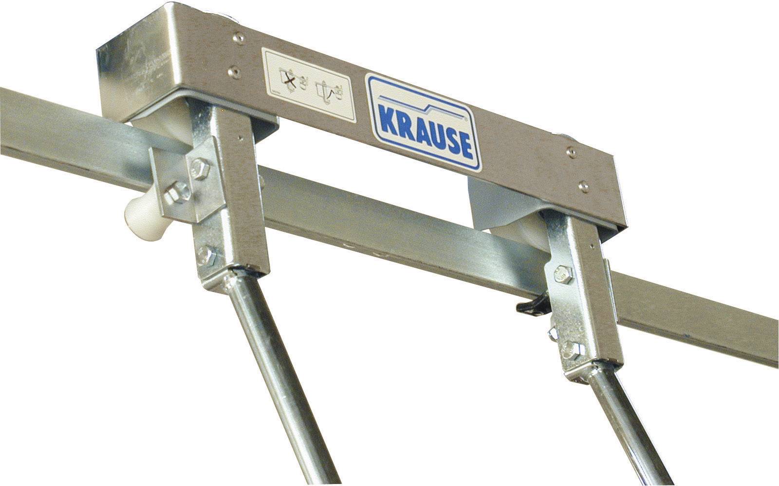 Halterung einer Leiter mit 'KRAUSE'-Logo, silberne Metallstruktur, zeigt Stabilität und Sicherheitsmechanismus.