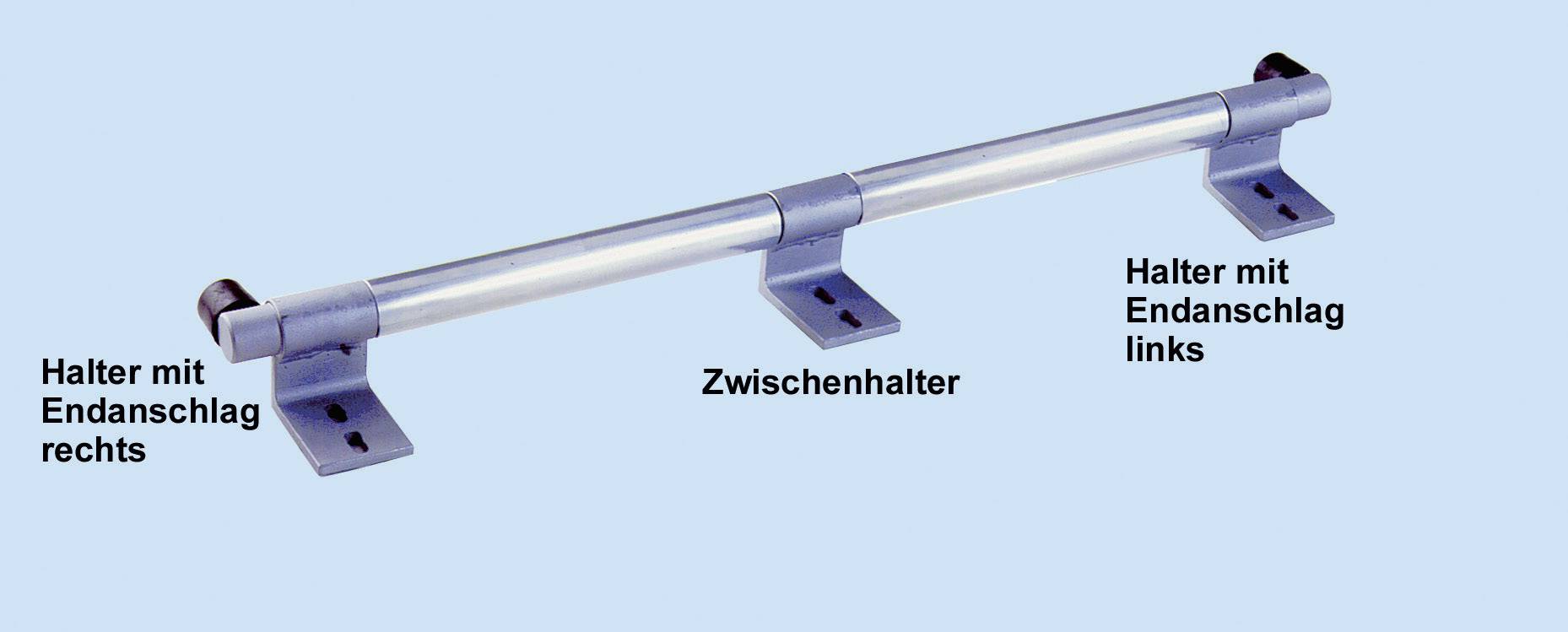 Metallstange mit drei Haltern: links 'Halter mit Endanschlag', in der Mitte 'Zwischenhalter', rechts 'Halter mit Endanschlag'.