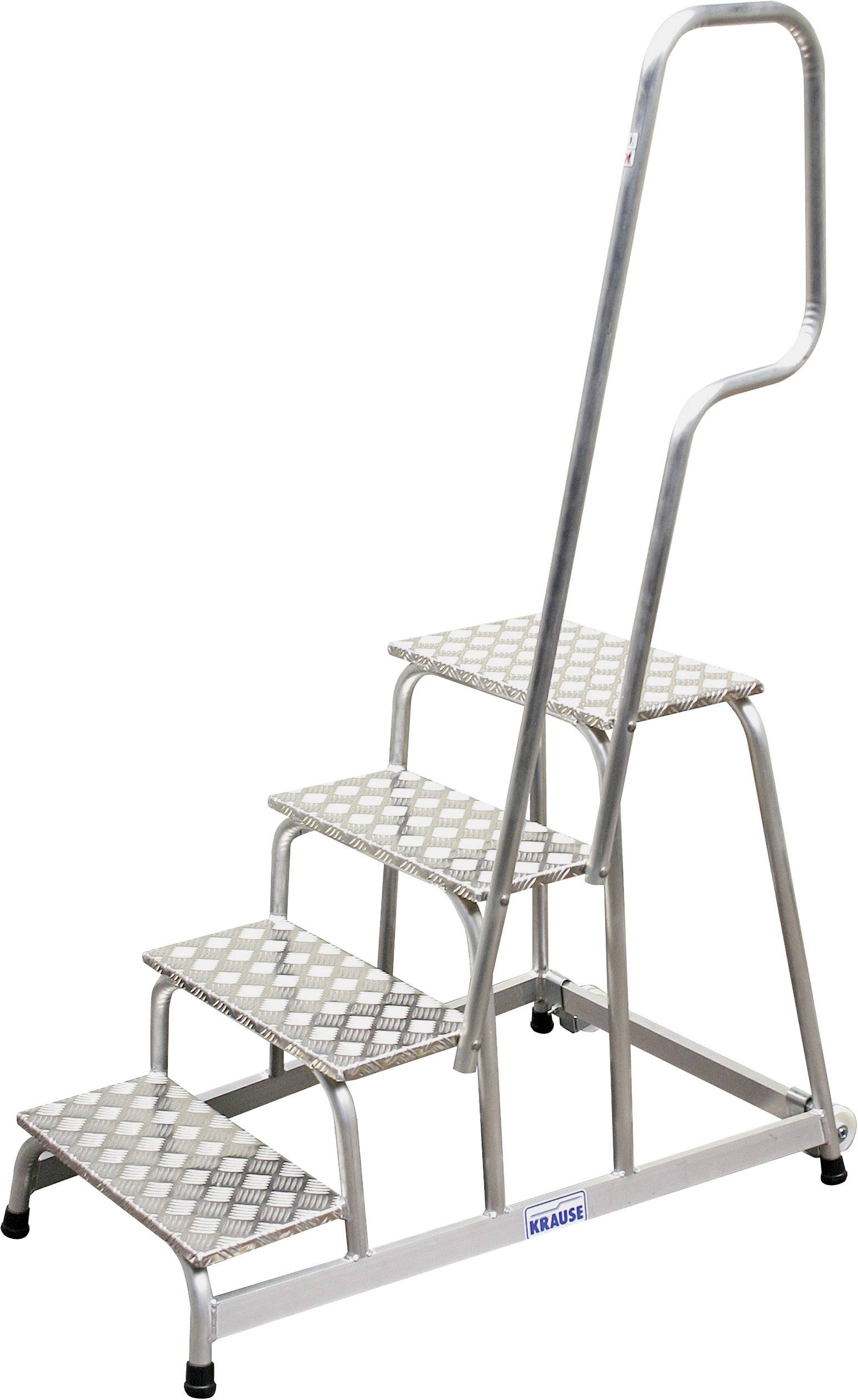 Eine silberne, metallene Treppe mit vier Stufen und einem Handlauf auf der rechten Seite.