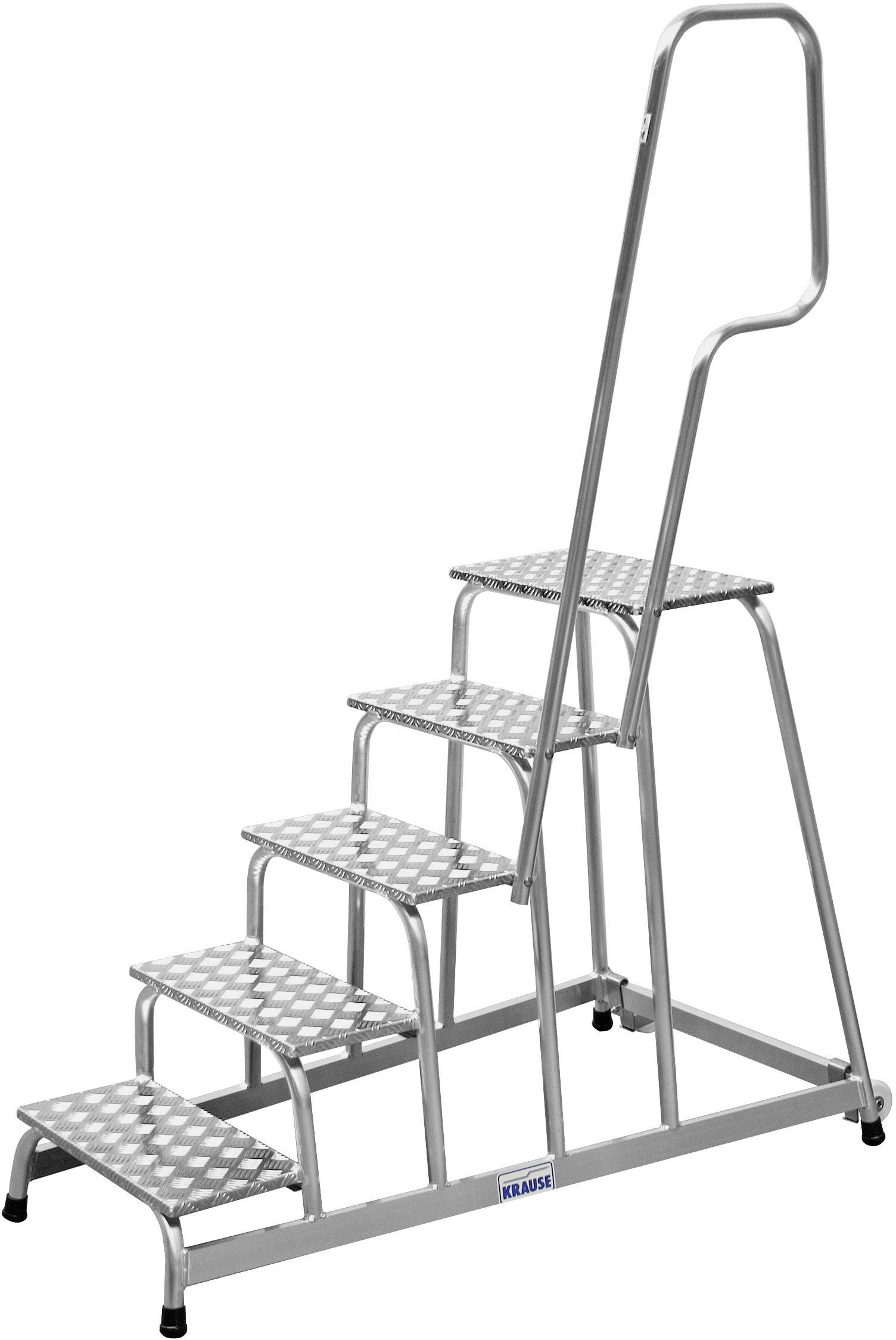 Metalltreppe mit fünf Stufen und einem stabilen Geländer auf der rechten Seite. Ideal für sicheren Aufstieg in Lager- oder Werkstattbereichen.