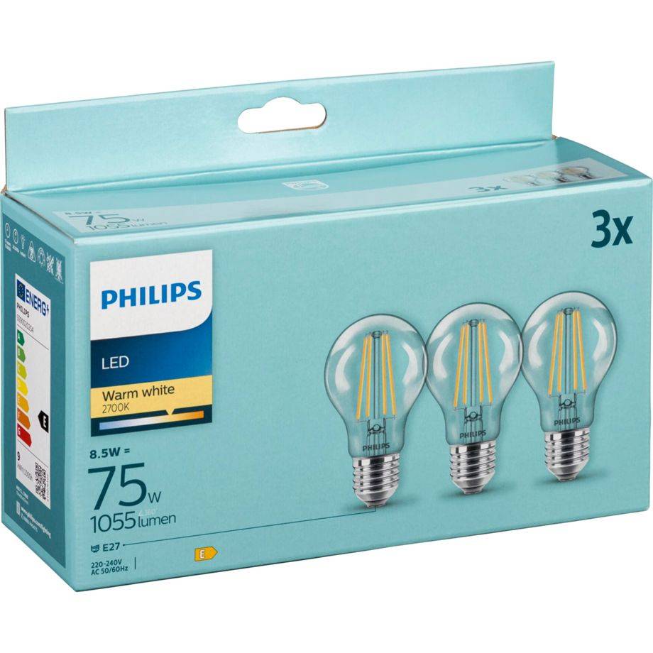 SIGNIFY - Philips - Glühbirne mit LED-Filament - Form: A60 - klar Finish - E27 - 8.5 W (Entsprechung 75 W)