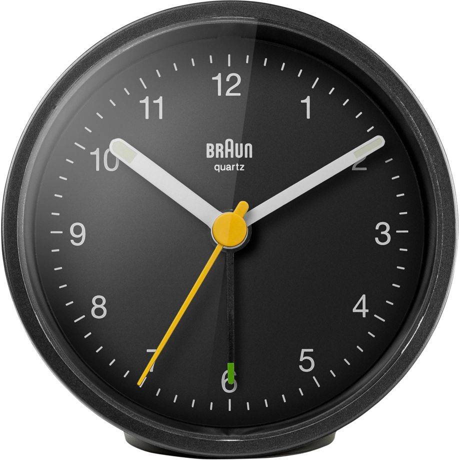 Braun Quarzwecker schwarz 7,5x7,5cm, Quarzwecker, Rund, Schwarz, Analog, Gelb, Akku