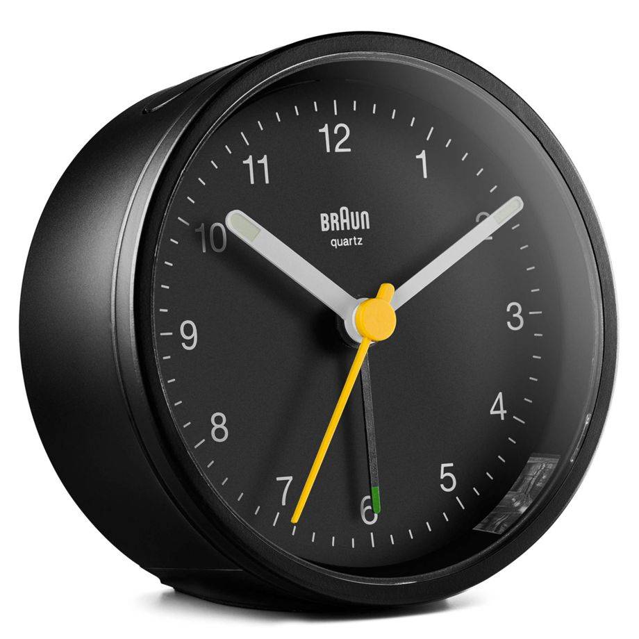 Braun Quarzwecker schwarz 7,5x7,5cm, Quarzwecker, Rund, Schwarz, Analog, Gelb, Akku