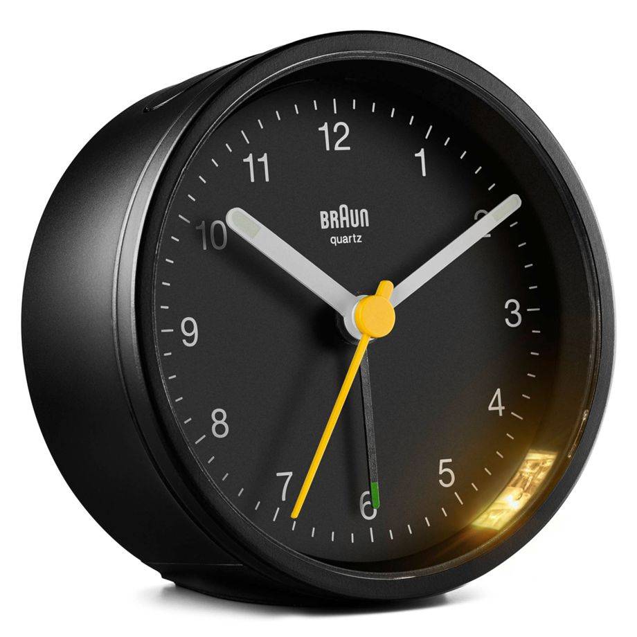 Braun Quarzwecker schwarz 7,5x7,5cm, Quarzwecker, Rund, Schwarz, Analog, Gelb, Akku