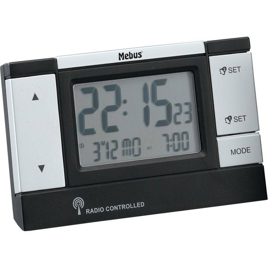 Mebus 51059, Digitaler Wecker, Schwarz, Silber, 12/24 h, LCD, 2 Zeilen, Akku