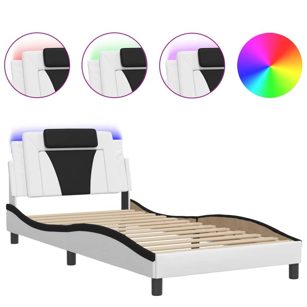 vidaXL Bettgestell mit LED Weiß und Schwarz 100x200 cm Kunstleder