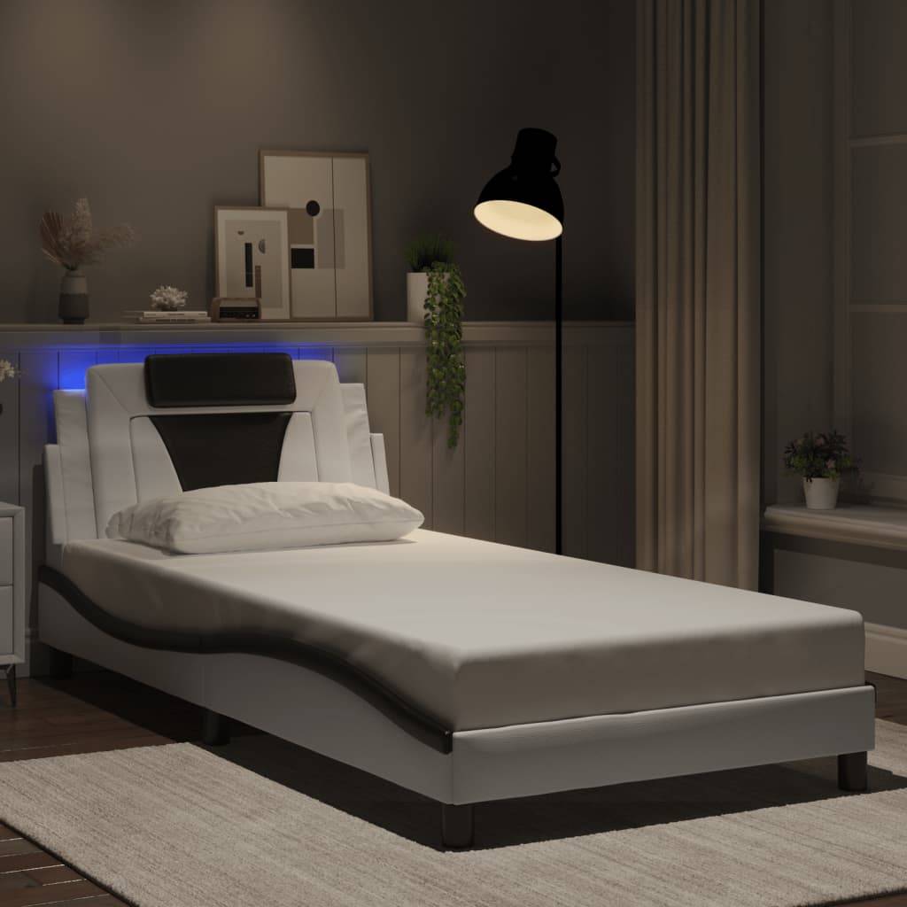 vidaXL Bettgestell mit LED Weiß und Schwarz 100x200 cm Kunstleder