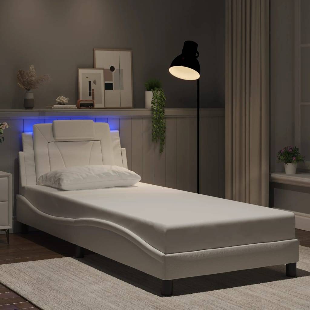 vidaXL Bettgestell mit LED Weiß 90x200 cm Kunstleder