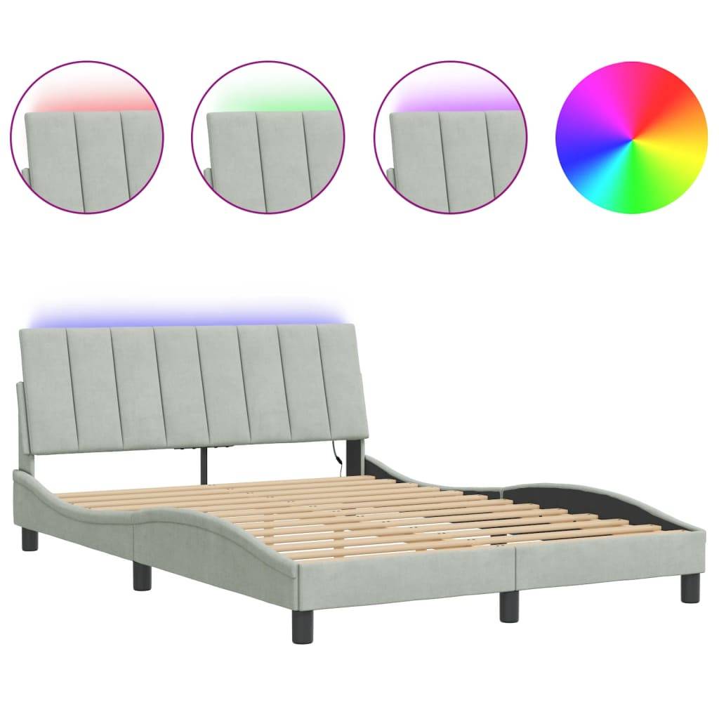 vidaXL Bettgestell mit LED-Leuchten Hellgrau 140x190 cm Samt