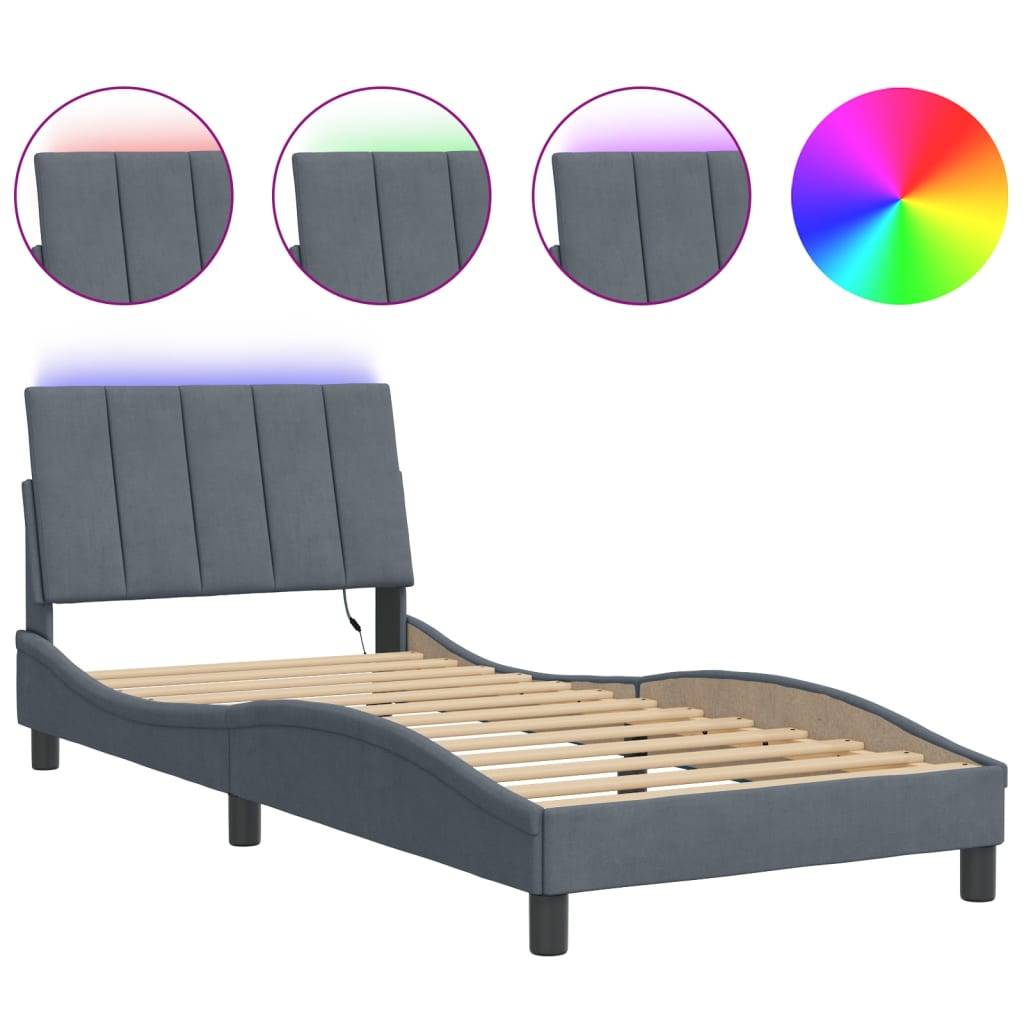 vidaXL Bettgestell mit LED-Leuchten Dunkelgrau 90x200 cm Samt