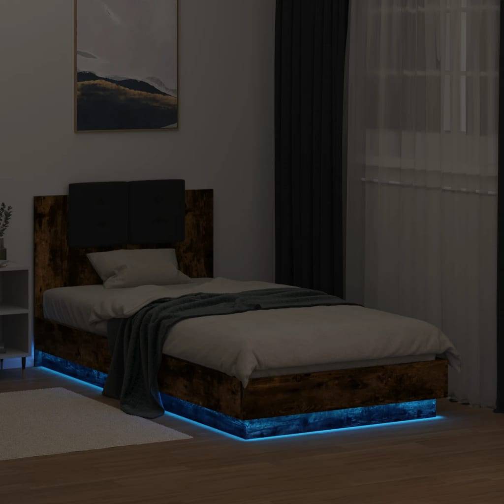 vidaXL Bettgestell mit Kopfteil und LED-Leuchten Räuchereiche 90x190cm