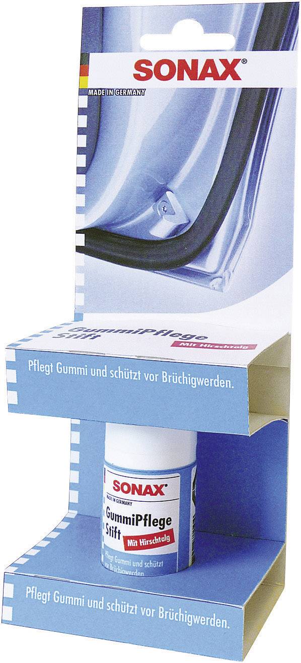 Verpackung eines Sonax GummiPflege Stifts, der Gummiteile pflegt und vor Rissen schützt. Enthält Angaben zur Anwendung und Herkunft.