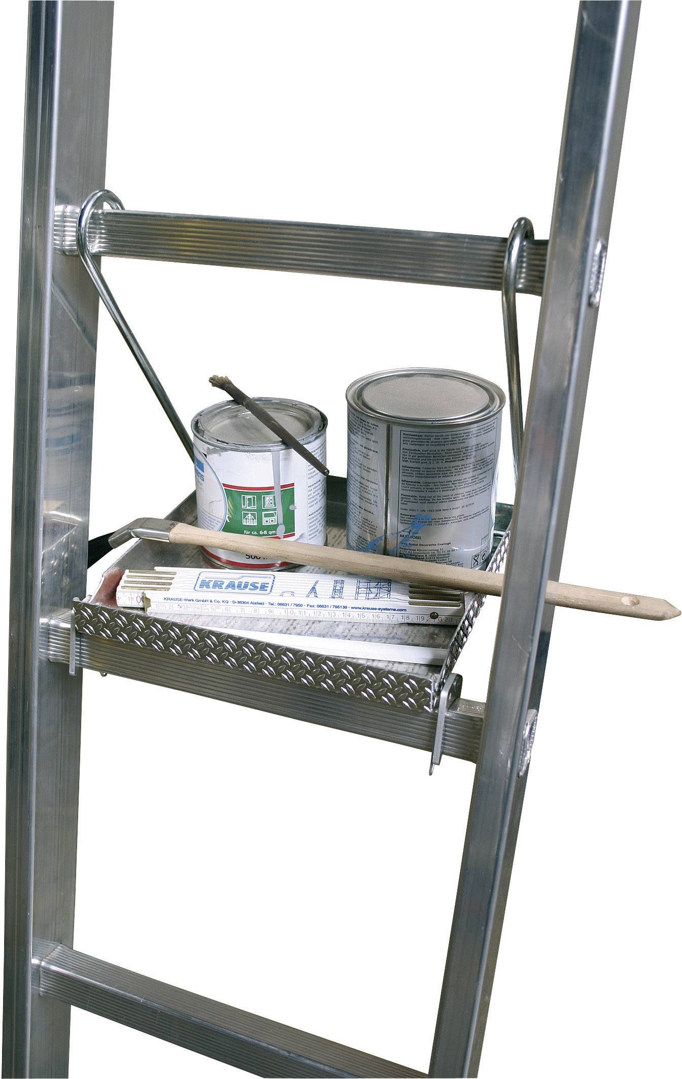 Aluminiumleiter mit einem Regal, das mehrere Farbdosen und einen Pinsel hält. Perfekt für Malerarbeiten oder Heimwerkerprojekte.